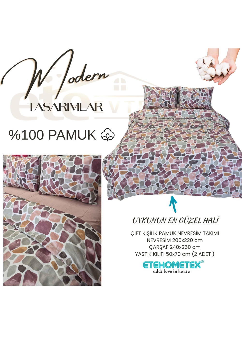 ETEHOMETEX %100 Pamuk Nevresim Takımı ÇİFT KİŞİLİK MOZAİK PUDRA 8696474232112